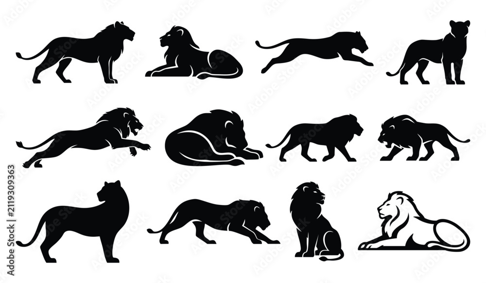 Fototapeta premium Maneless Lion Silhouette Vector Set, African Lioness Wildlife Mascot Logo Icons and Poses Collection