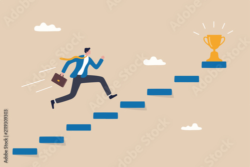 Career development, personal development or job promotion, work experience and responsibility growth concept, smart confident businessman running fast on career stairway rising up achieve success