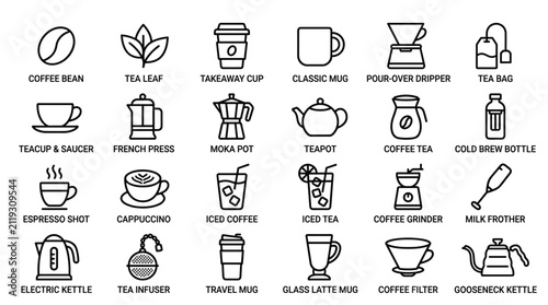 Coffee and tea preparation equipment line icons set featuring moka pot french press espresso cup classic mug tea bag gooseneck kettle and pour over coffee dripper.