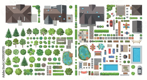 Architectural elements and landscaping vector illustration on a white background