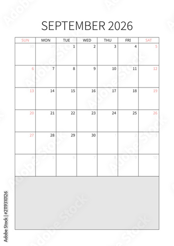 September 2026 English Minimalist Wall Calendar Page Corporate Project Management Layout