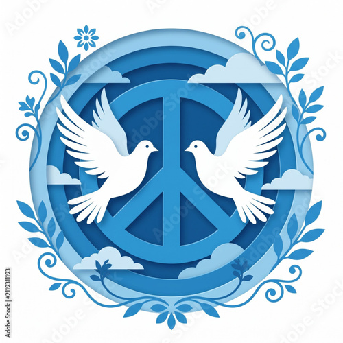 Two white peace doves flying in front of a blue circular peace symbol with decorative floral elements