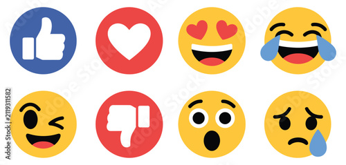 Social media emoji reaction icon collection with like, love, dislike, laugh, sad, cry, wow and heart eyes reactions for messaging apps, digital communication, user engagement and feedback systems.