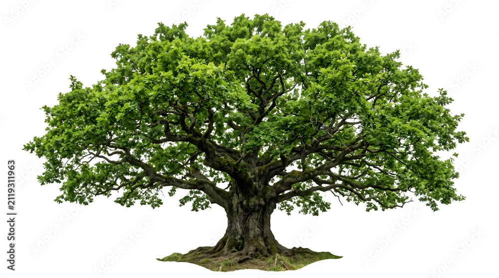 Obraz premium Majestic old oak tree with a wide spreading canopy and textured bark isolated on transparent background