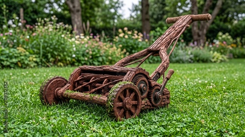 Eco Friendly Handcrafted Rustic Wooden Lawnmower Sculpture on Green Lawn