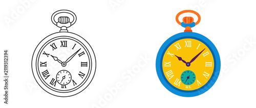 Retro Pocket Watch Illustration in Outline and Color Styles