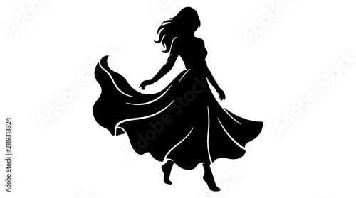 Female model standing flowing dress silhouette 