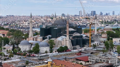 Фотография Time-lapse aerial shot of Istanbul: clouds, Hagia Sophia Mosque, Galata Tower