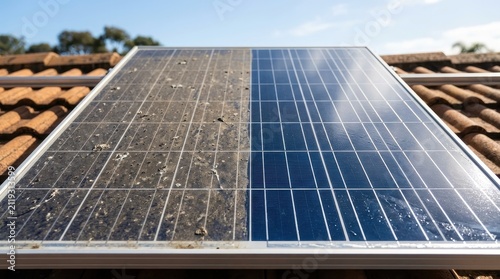 Comparison of a dirty and clean solar panel, showcasing the importance of maintenance for optimal energy efficiency.