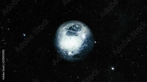 An icy blue planet floats in a dark starry space background, showing a cold, remote world with bright light and scattered stars.