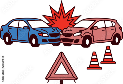 Car accident illustration with damaged vehicles and warning signs