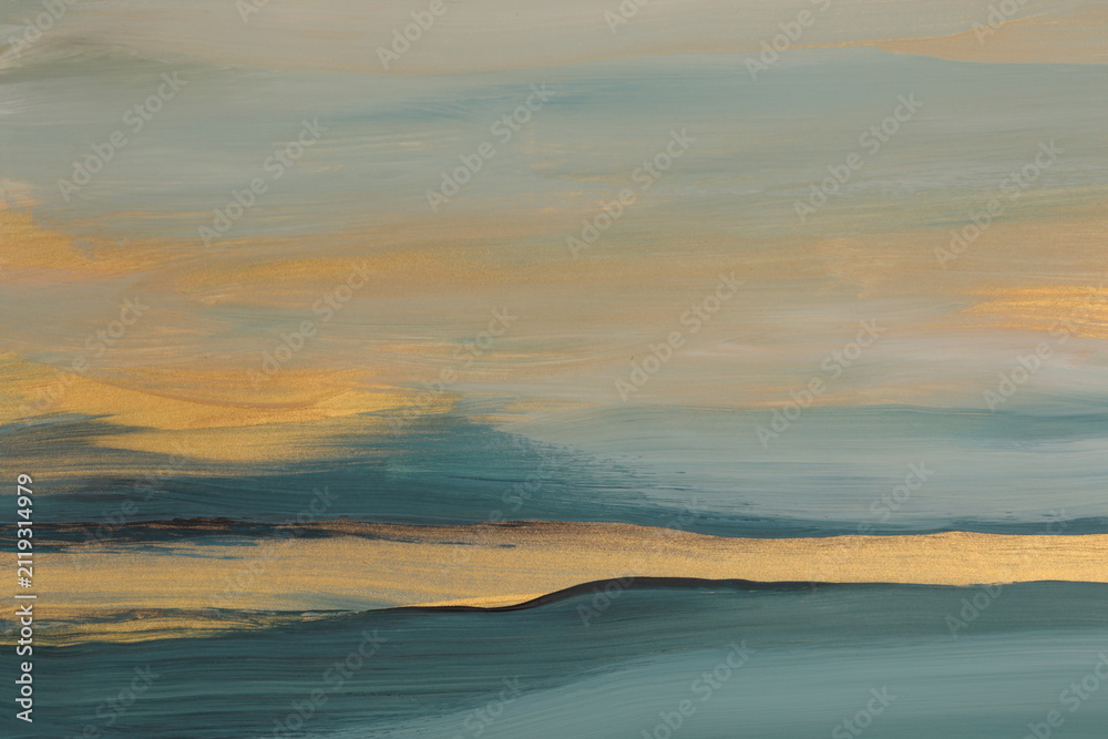 Fototapeta premium Art oil, Acrylic brush stroke smear blot painting wave landscape canvas. Abstract texture gold, gray, blue color stain background.
