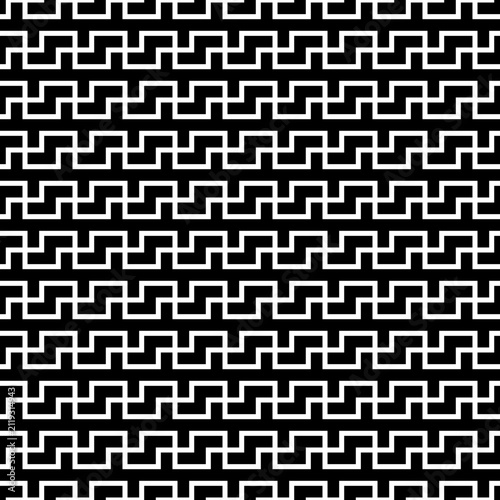 Repeated puzzle figures background. Seamless surface pattern design with mosaic ornament. Ethnic embroidery motif. Grid wallpaper. Digital paper for page fills, web designing, textile print. Vector.