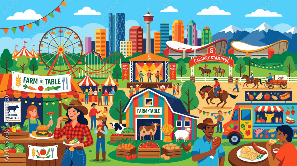 Naklejka premium Calgary Stampede Fairground Scene with City Skyline and Rocky Mountains Background