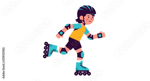 Young boy rollerblading in safety gear with helmet and protective pads flat vector illustration isolated on white background