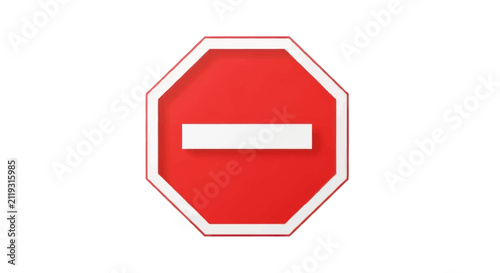 Red octagonal traffic sign with white horizontal bar isolated on white background, 3D rendering symbol for no entry, restriction, and warning