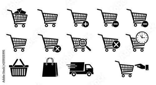 Set of Black Shopping Cart and Retail E-commerce Icons for Web Interface Design and Online Purchase Management
