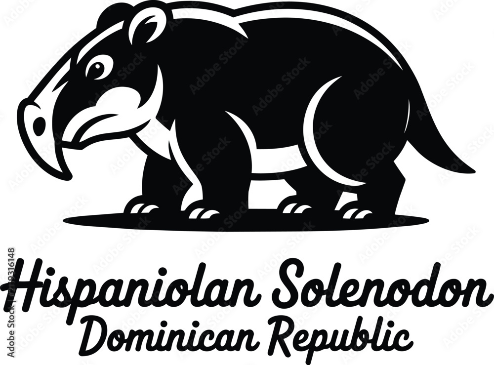 Fototapeta premium Hispaniolan solenodon logo, black and white icon of the endangered Caribbean mammal native to the Dominican Republic with elegant cursive typography display