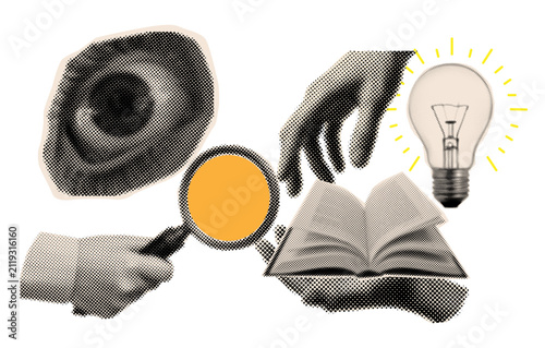 Creative learning halftone collage with eye,hand holding magnifying glass and light bulb,cut out elements from paper