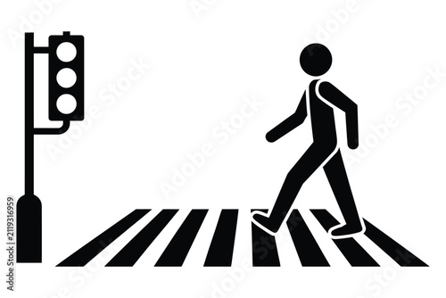 Pedestrian crossing sign, crosswalk icon vector, zebra crossing icon, street crossing vector sign with people walking on zebra crossing for road safety, traffic guidance and urban transportation.