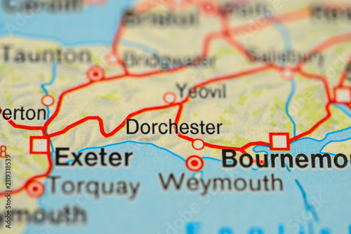 Close up road map showing Dorchester Exeter Weymouth and Bournemouth travel route.