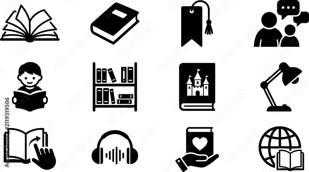 Obraz premium Set of academic and reading activity icons with education learning literature knowledge