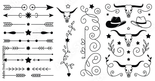 Old western decorative line dividers vector featuring vintage ornamental borders, rustic cowboy motifs, retro accents and elegant graphic elements for restaurant menus, labels, invitations, signage 