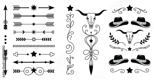 Old western decorative line dividers vector featuring vintage ornamental borders, rustic cowboy motifs, retro accents and timeless decorative elements for posters, packaging, certificates, logos 