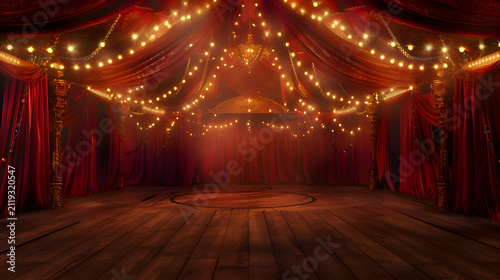 Vintage circus tent interior with dramatic lighting and elegant red drapes
