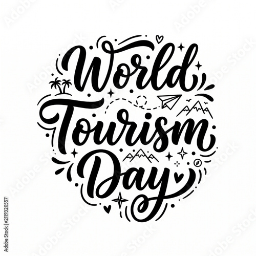 World tourism day hand lettered brush calligraphy text with travel icons in a circular design frame