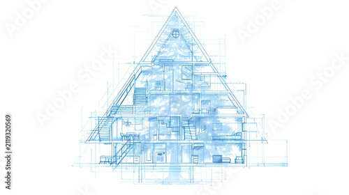 Blueprint of christmas tree house with detailed architectural design and interior layout