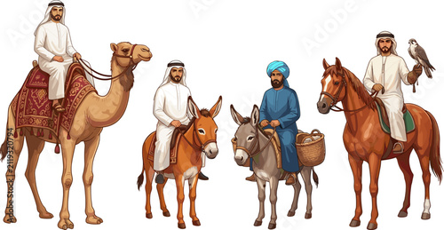 Bild auf Leinwand Arab men riding various animals including a camel, donkey, and horse