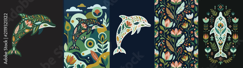 Foto Whimsical Dolphin Floral Pattern - Marine Life Art with Folkloric Elements