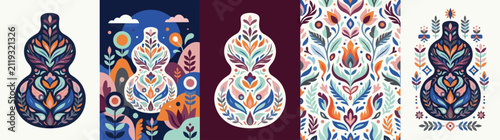 Quadro su tela Folk Art Gourd Silhouette with Floral Pattern and Landscape Illustration