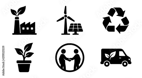 Sustainable green energy icons set, 6 black vector symbols for eco friendly business, renewable power and environmental conservation graphics