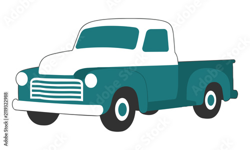 Vintage pickup truck with two-tone teal and white body and rounded fenders displayed in a minimalist geometric style on a clean white background, transport concept