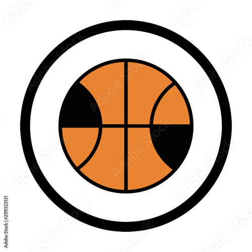 Basketball icon with bold geometric lines and flat color blocks in a minimal circular border design sports branding concept