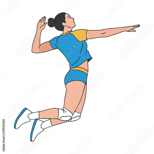 Stylized female volleyball player leaping in a dynamic spiking pose wearing a minimalist uniform isolated on a white background sports and athletic competition concept