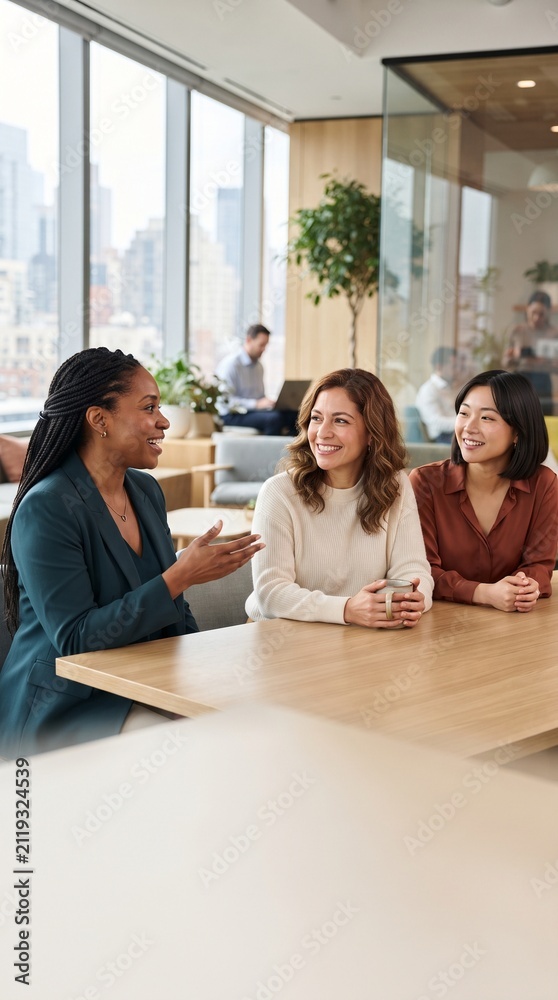 Fototapeta premium Three professional women of diverse ethnicities engage in a lively discussion around a polished conference table, bathed in the soft, natural light filtering through expansive office windows.