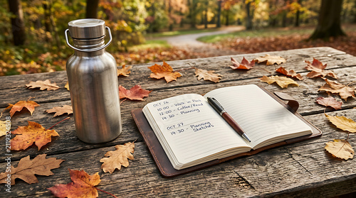 Stainless steel water bottle and planner notebook on a wooden park table
