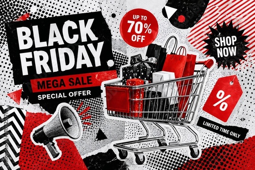 Black Friday promotional poster with shopping cart and sale details  