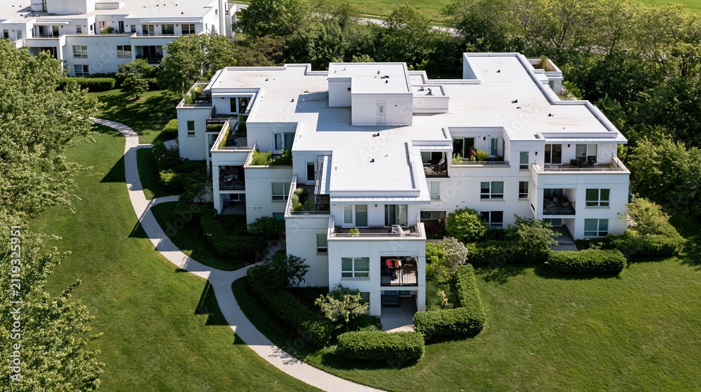 Obraz premium Modern White Apartment Building Complex with Lush Green Landscaping and Balconies