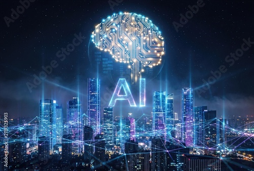 Artificial intelligence AI technology concept with digital brain, neural network, microchip, electronic circuits, machine learning, data processing and futuristic computer innovation