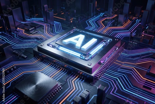 Artificial intelligence AI technology concept with digital brain, neural network, microchip, electronic circuits, machine learning, data processing and futuristic computer innovation