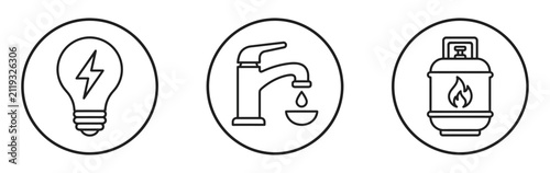 Vector line art icon collection depicting utility connection like electric power water tap and propane fuel tank