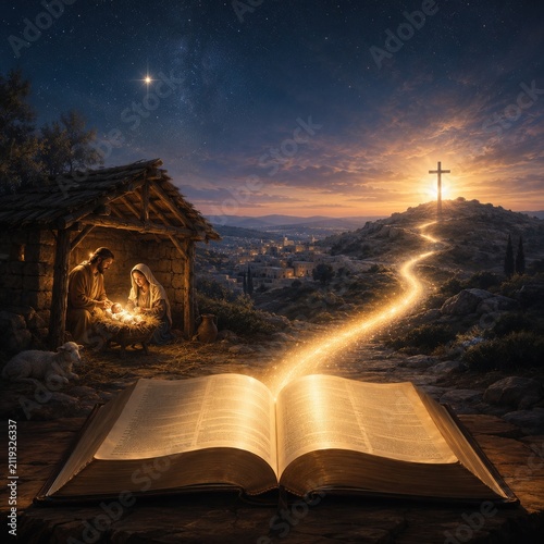 Open Bible with light leading from the nativity scene to a cross on a hill under a starry sky