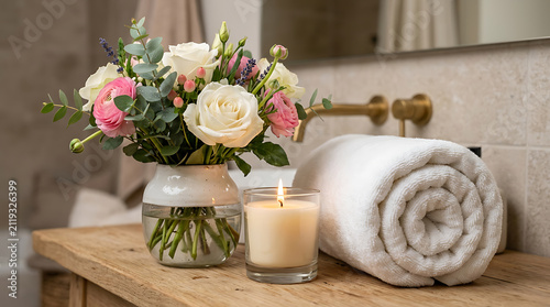 Fresh flower bouquet with lit candle and white towel in a modern bathroom