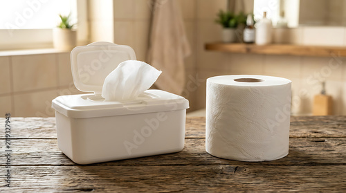 White Wet Wipes Dispenser and Toilet Paper Roll on Wooden Surface