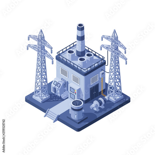 Isometric Power Plant with Transmission Towers and Industrial Equipment.