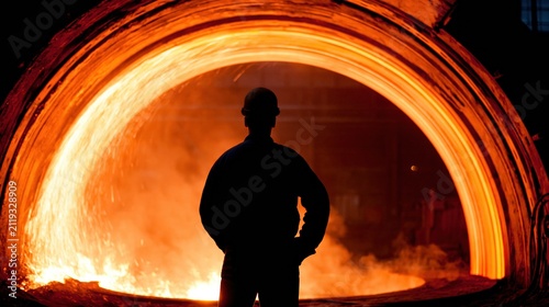 Silhouetted worker stands before intense fiery glow within industrial furnace, sparks flying